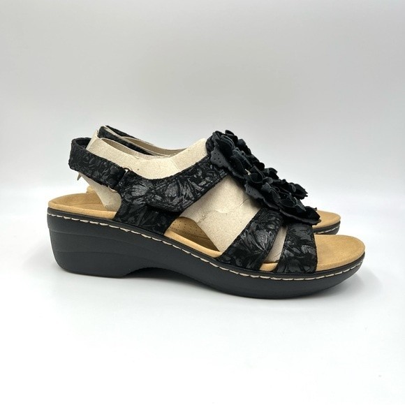 Clarks Shoes - Clarks Women's Merliah Sheryl Black Leather Floral T-Strap Wedge Sandals Shoes 9